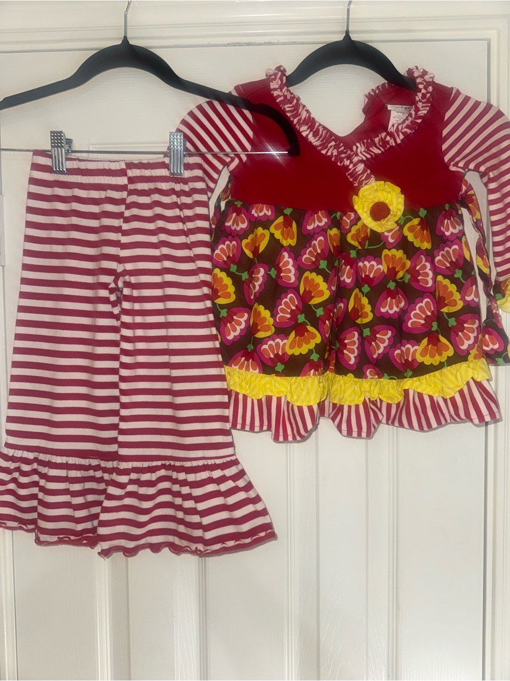 Girls Floral & Stripe Two-Piece Outfit in Red, Pink & Yellow